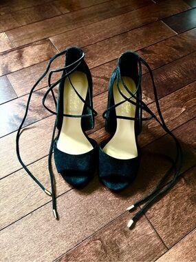 NWOT.  Black Suede Lace-Up Open-Toe Heels